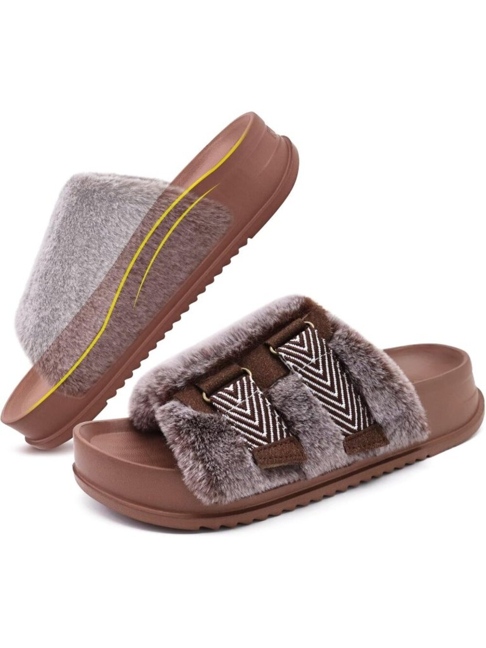 Women's Coffee Brown Soft Cushioned & Adjustable Fuzzy Faux Fur Slippers Slides